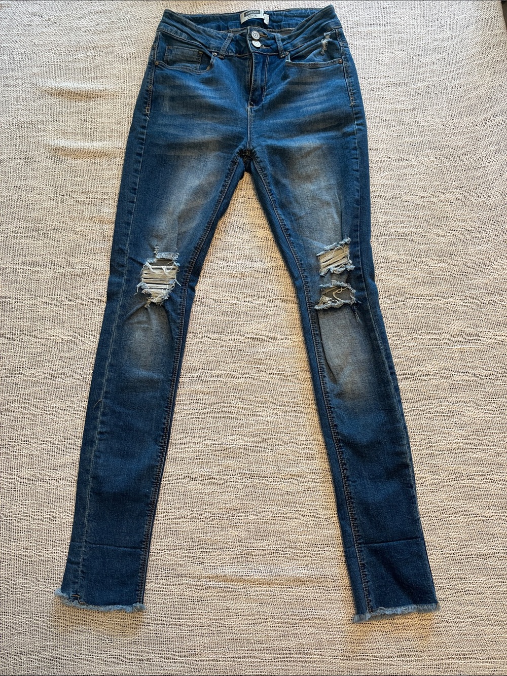 Dark Blue Distressed Skinny Jeans — Women’s Ripped Slim Fit